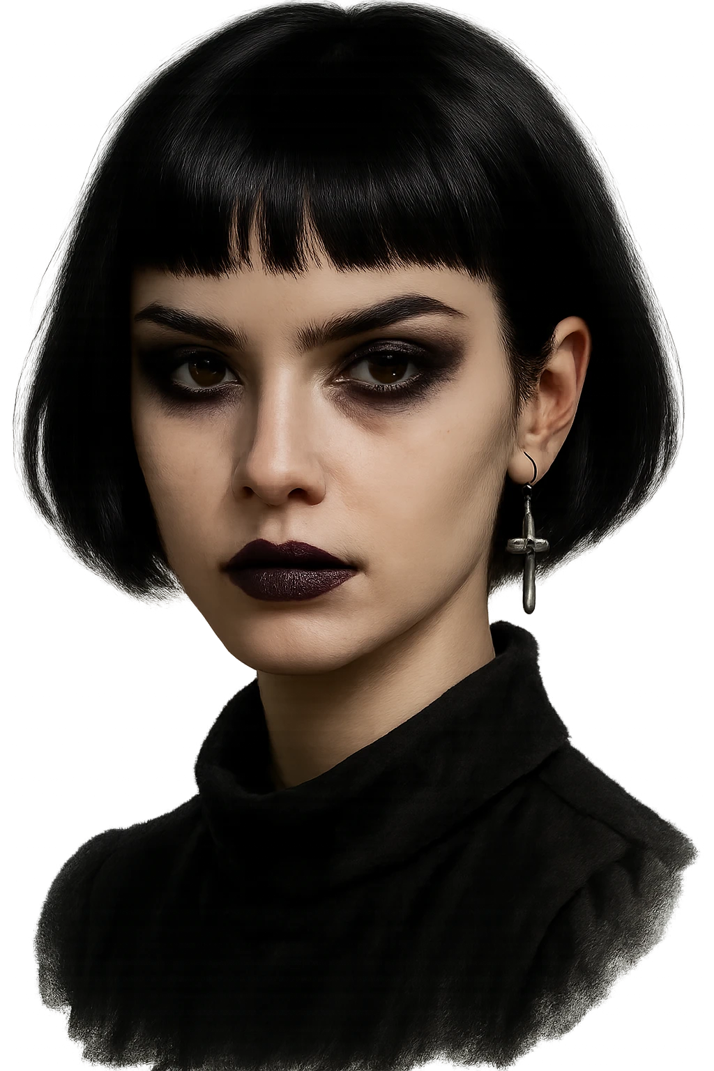 goth face, short black bob, dark purple lipstick, cross earring, intense gaze emoji