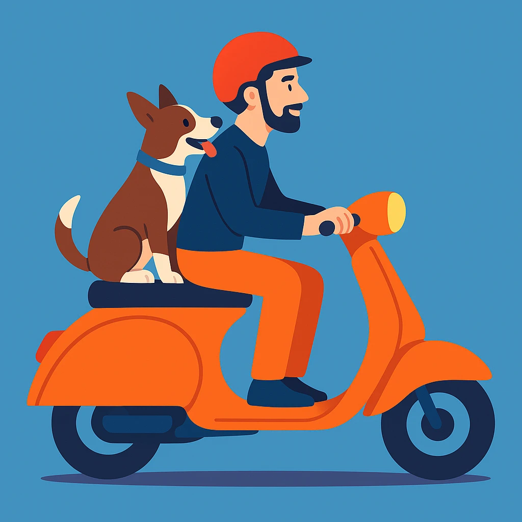 vector art of a man and his pet dog riding a vespa, for website design  emoji