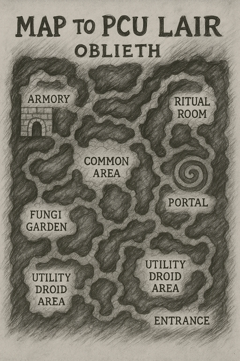 a hand drawn map of how to navigate the Oblieth cave system to find the PCU Lair emoji