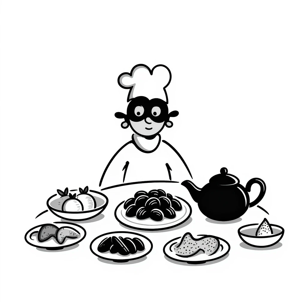 black doodle of a festive iftar table with a burrito character wearing a bandit mask, labeled 'Tung tung iftar ile bobrito bandito' emoji