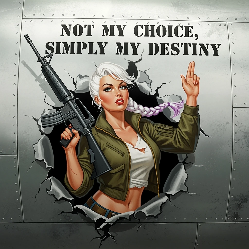 a retro military pinup fuselage decoration for the motto " not my choice, simply my destiny "
the female figure in the pinup image wears a single white braid with lavender tips, breaching, m16, "move" handsignal emoji