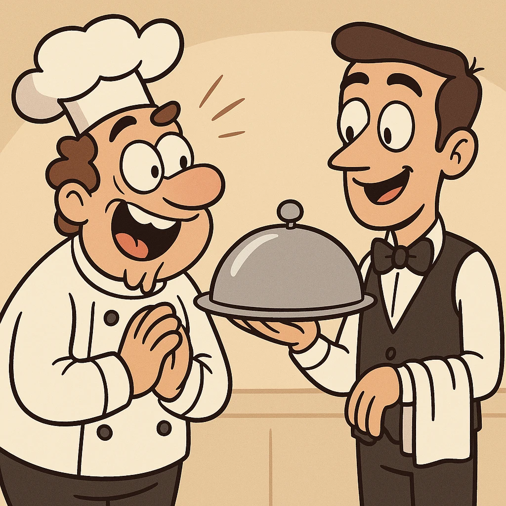 a hungry chef looking eagerly at a waiter holding a covered dish, playful and expressive, simple background emoji