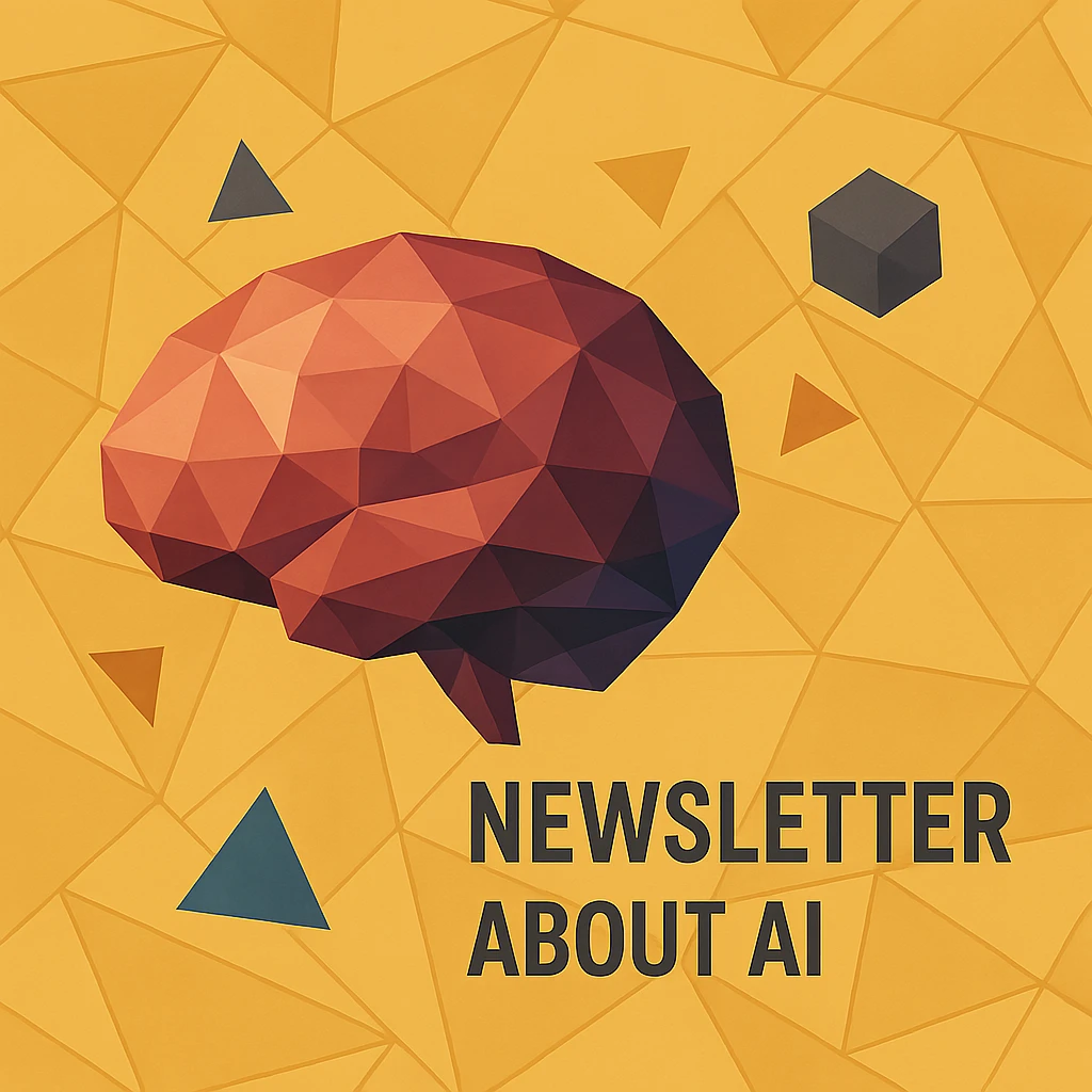 newsletter about AI, low-poly brain and geometric shapes emoji