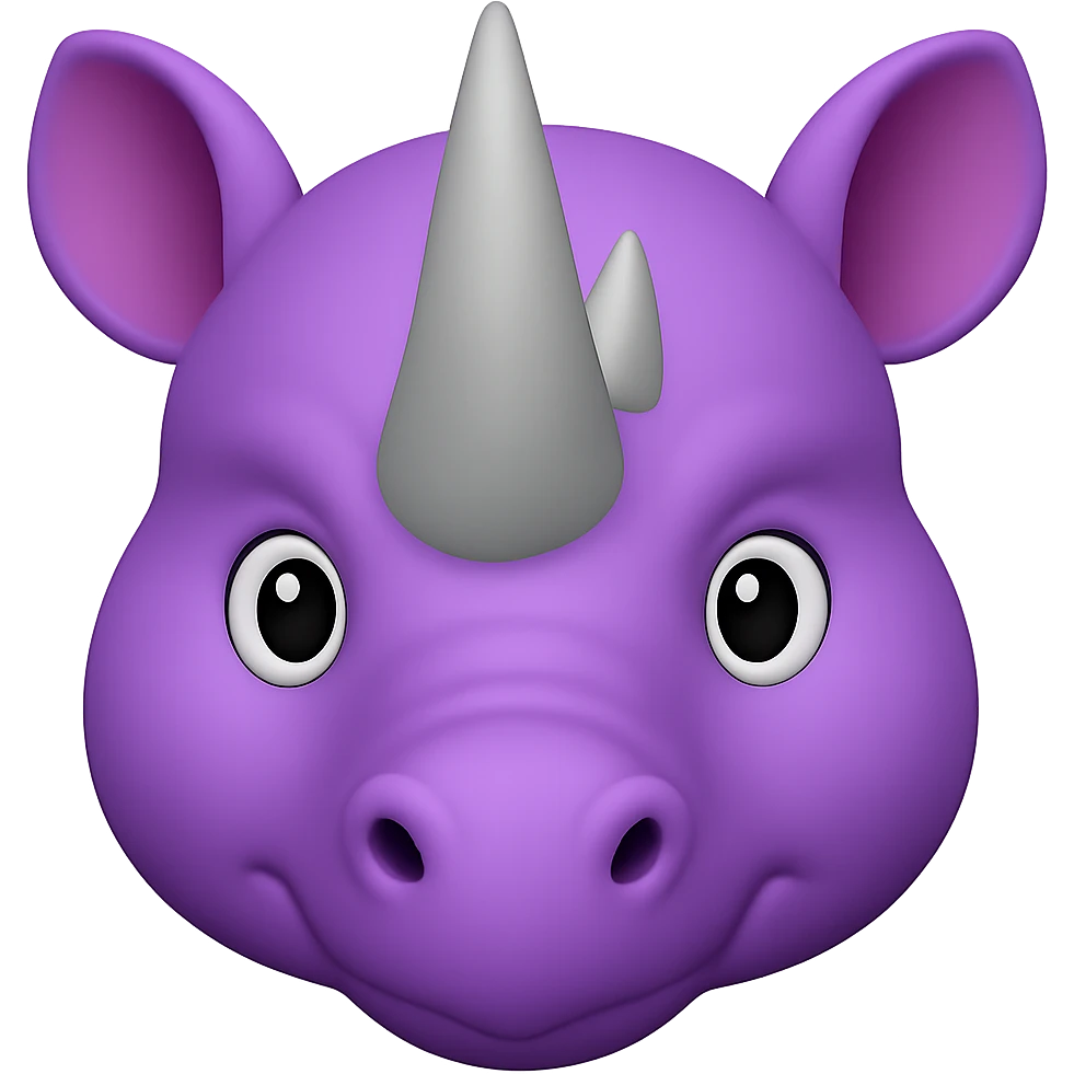 Add two big, normal grey rhino horns to the face, keeping the purple rhino emoji style, no background. The style should resemble the purple rhino emoji style with no background. emoji