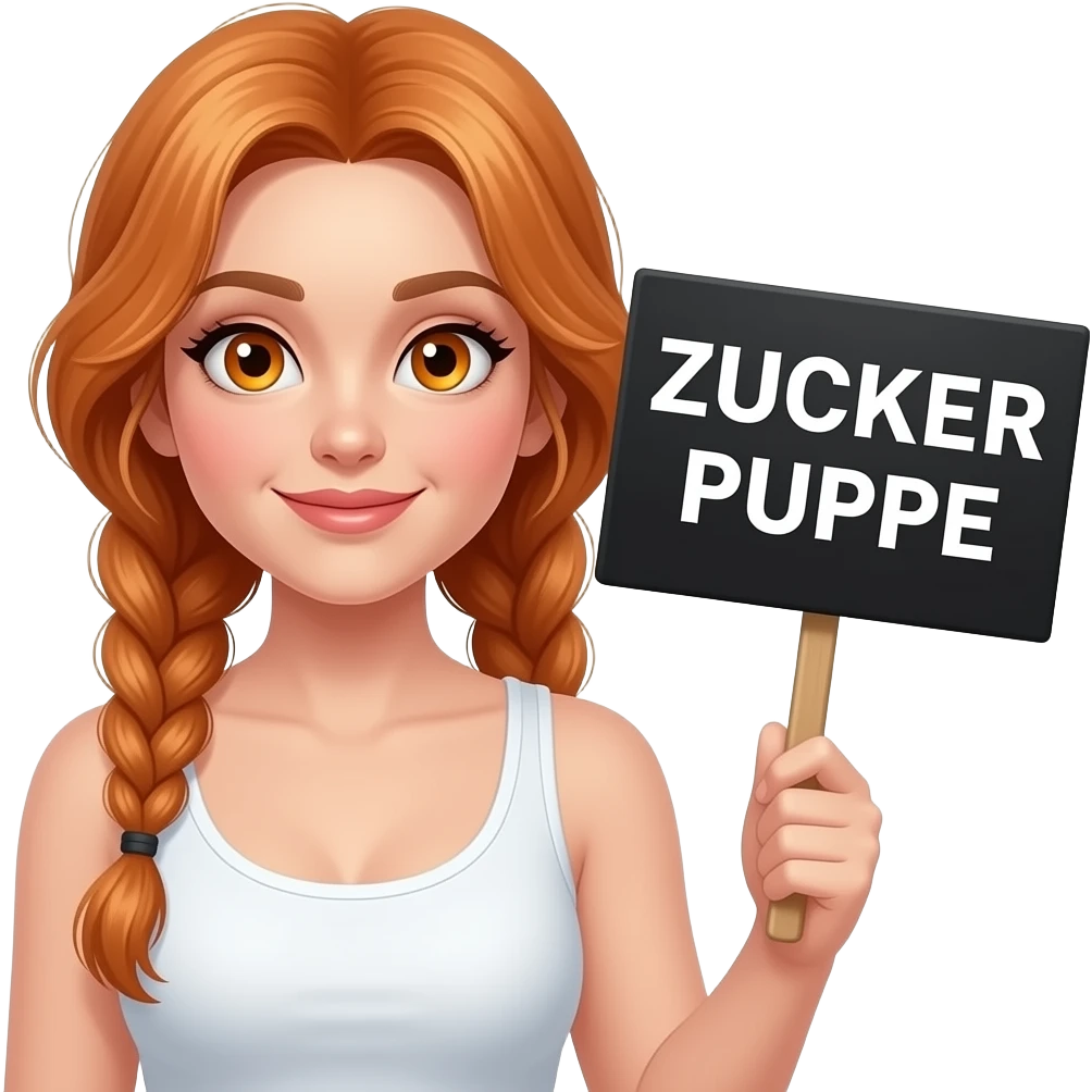 sexy girl with long ginger braids and ginger eyes wearing a white tanktop is holding a black sign with ZUCKER PUPPE written on it emoji