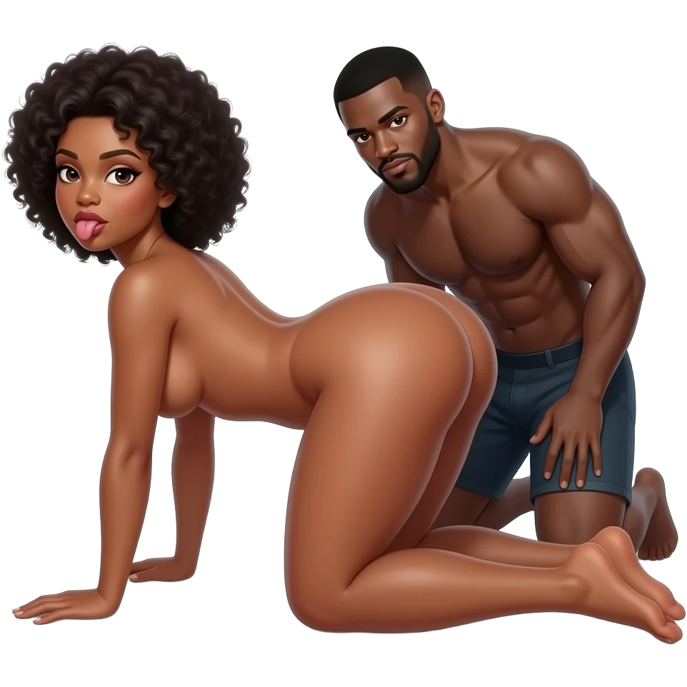 Mujer afroamericana desnuda, cuerpo hacia la camara,plano frontal, hombre negro desnudo penetrando la mujer por el culo, la mujer saca la lengua, de rodillas en el suelo, forma de cuatro patas, culo levantado hacia atrás,  culo gigante más alto que la cabeza, con los brazos estirados hacia delante emoji