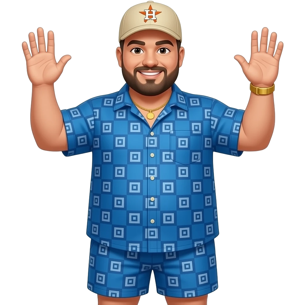 Chubby man with apricot skin tone with lightly shaved black beard wearing a blue button down short sleeve shirt with matching shorts with square pattern designs wearing an all beige color Huston Astros logo baseball cap wearing a gold tennis necklace and a gold wrist watch with hands up emoji