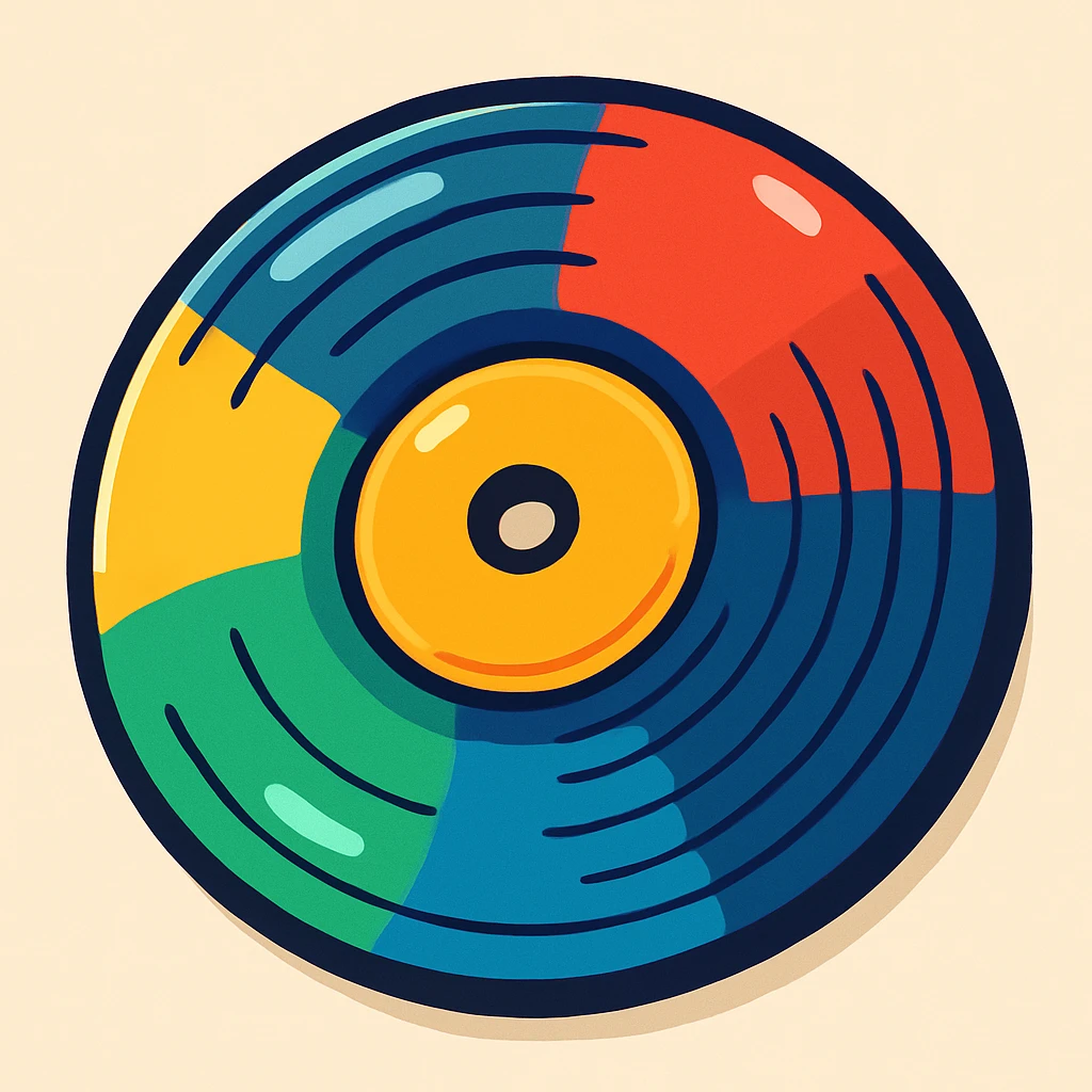 cartoon style vinyl record, colorful, playful emoji