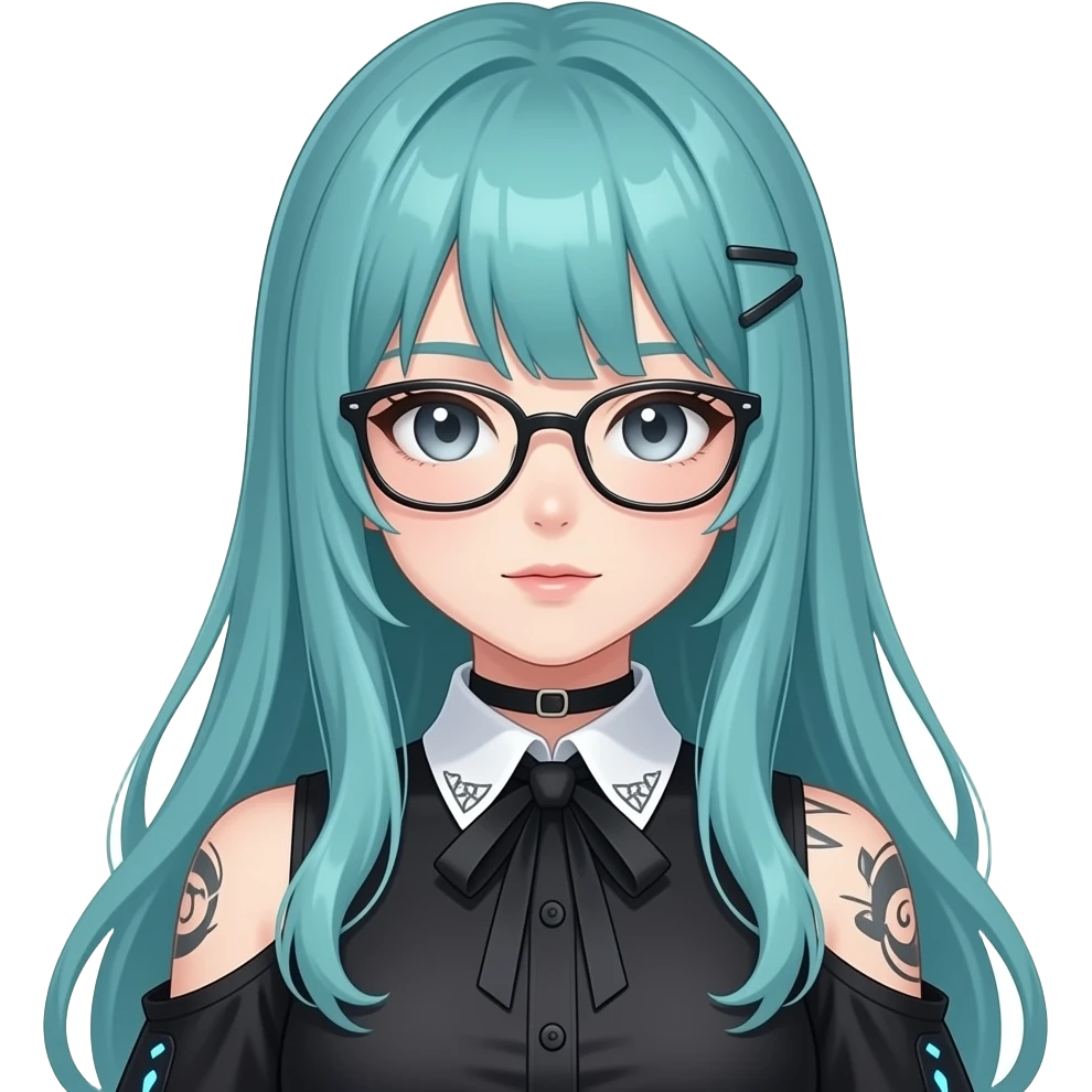 anime girl, thinking, glasses,face tattoos, long flowing teal hair, grey eyes, black shoulder cyberpunk blouse with fancy white collar emoji