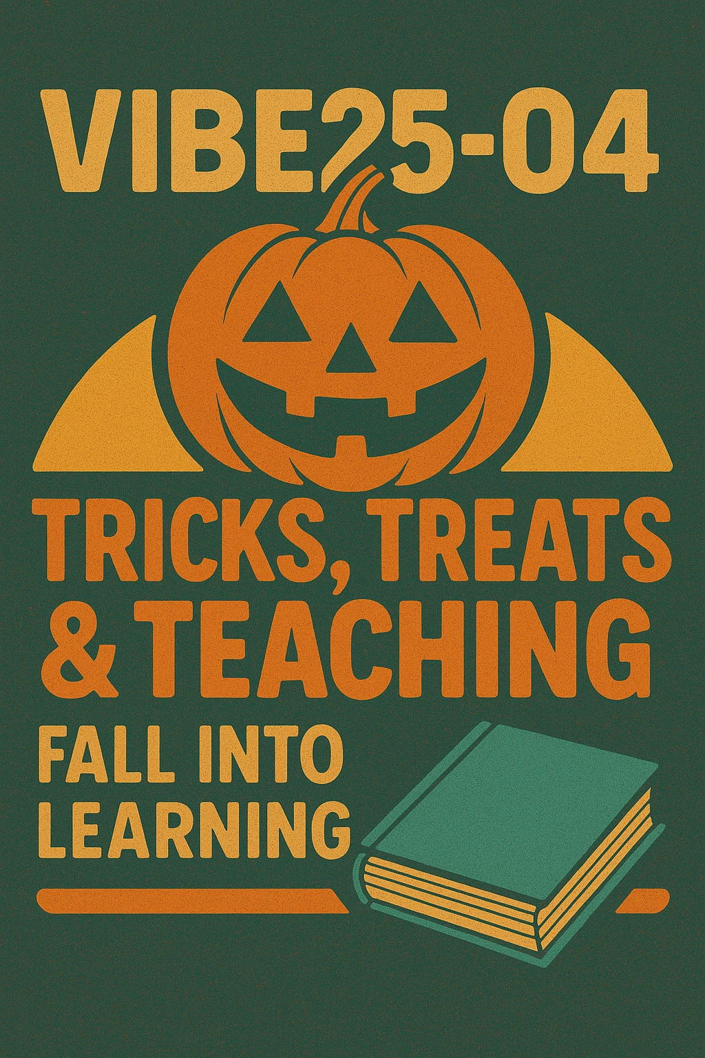 Create a logo that encompasses a retro 80's feel, nostalgic, ALSO RETRO.  Add the words "VIBE25-04: Tricks, Treats & Teaching: Fall Into Learning" emoji