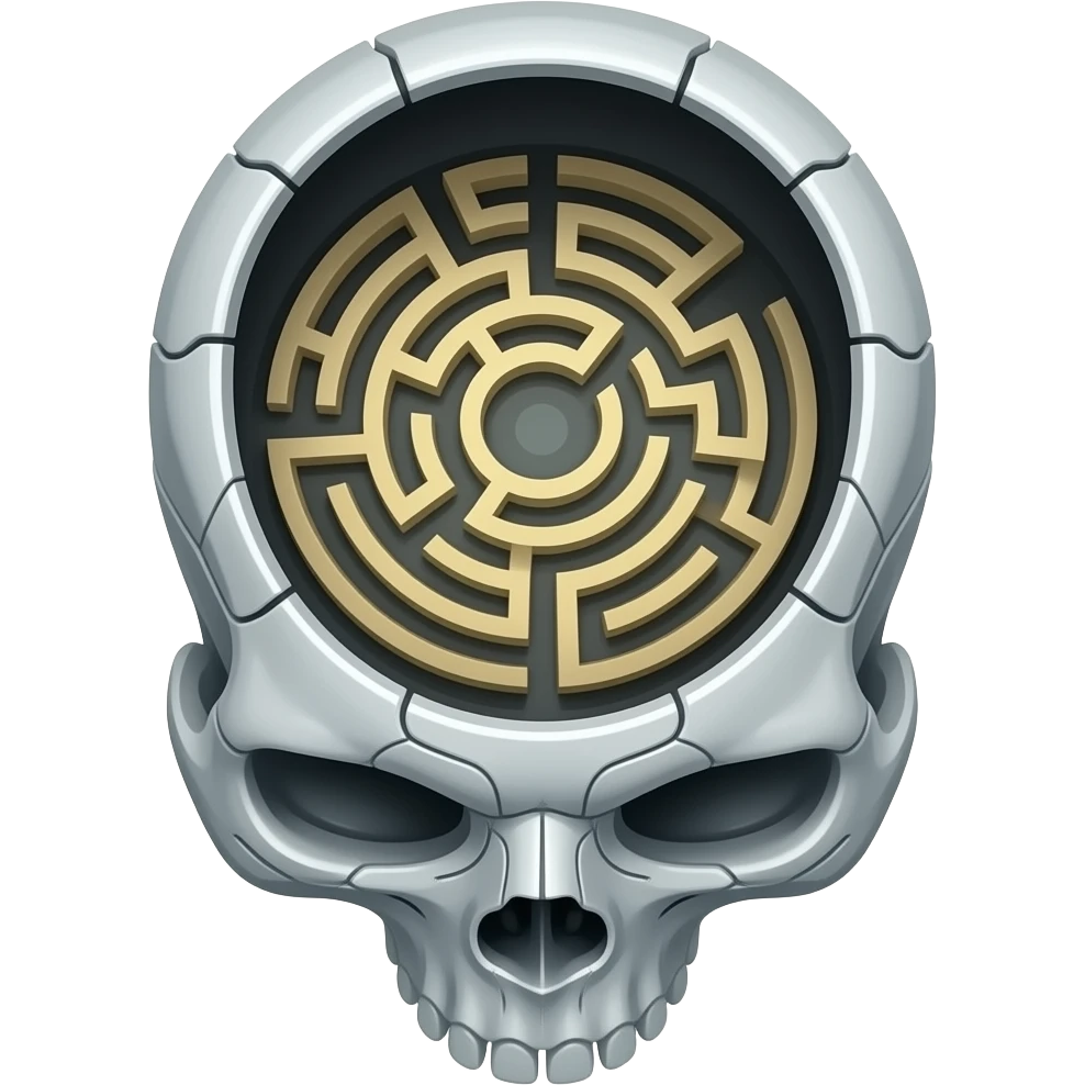 synthwave - a view from above into an open futuristic cybernetic head that contains the space of an ancient labyrinth emoji