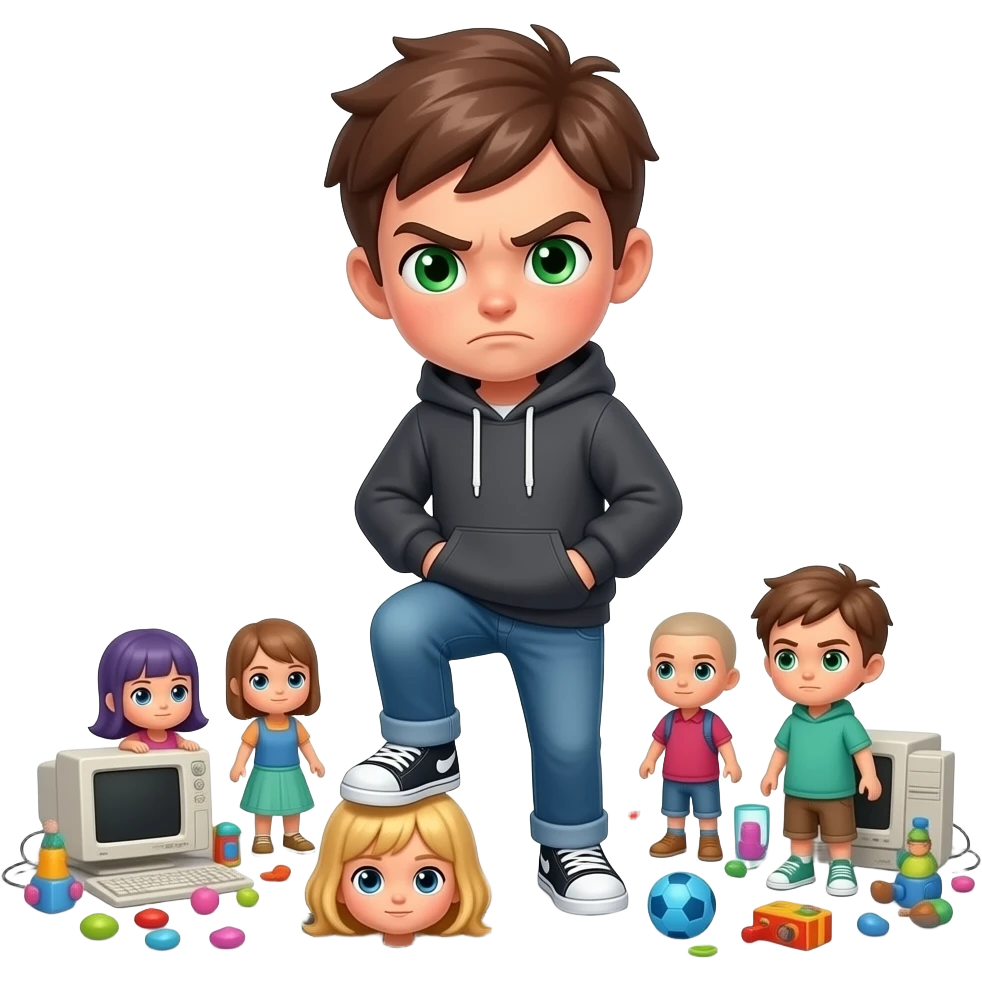 Angry Teenage boy Green eyes surrounded by toys and smala dolls, computers, stars, around and foot on one broken Doll with blond hair emoji