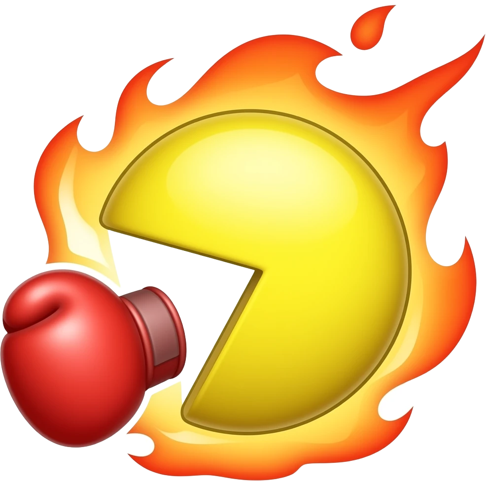 Traditional PAC man no eyes with flames and punching with a boxing glove emoji