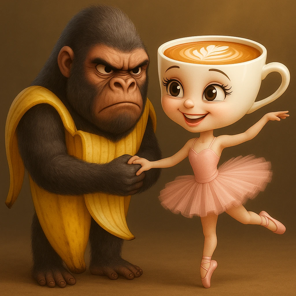 Edit the image to make the ballerina coffee cup character happy and the gorilla-banana character angry, keeping their original style, outfits, and colors exactly as in the reference image. emoji