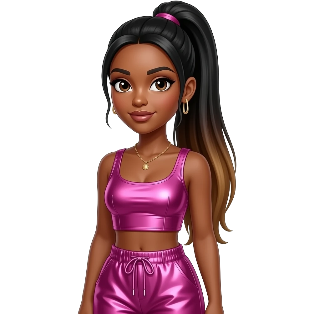 Brandi Williams from Blaque with dark brown eyes, long black straight high ponytail hair with dark brown ombre, hot pink metallic crop top, hot pink metallic baggy pants, necklace and earrings emoji