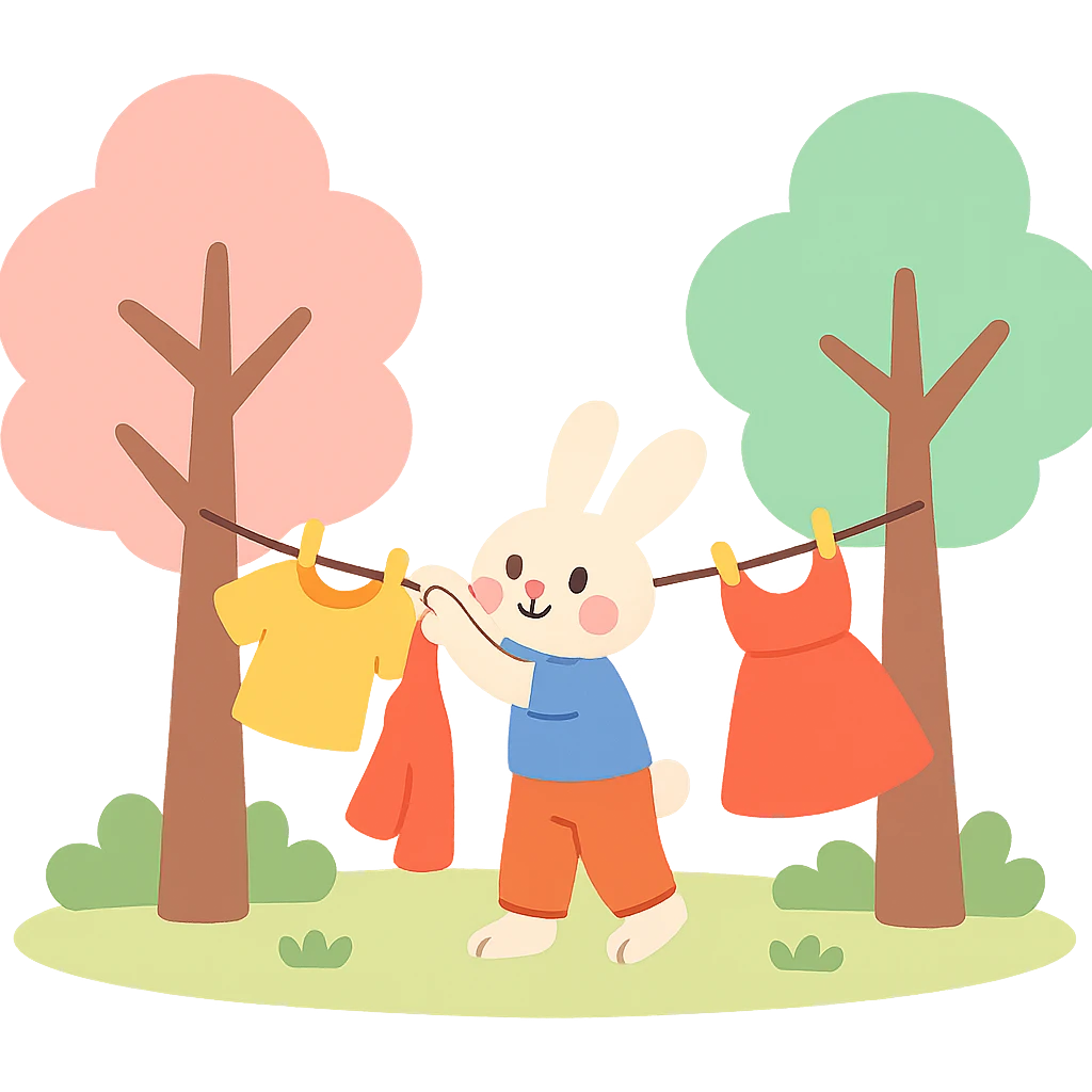 bunny hanging laundry between trees, calming domestic forest feel, pastel colors emoji
