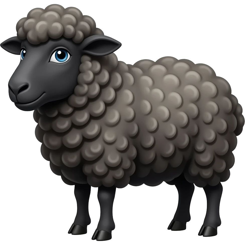 Black Sheep Bar & Grill: 3D emoji style, glossy surface, soft shadows, white background, centered, no text, black sheep character, fluffy wool, confident expression emoji