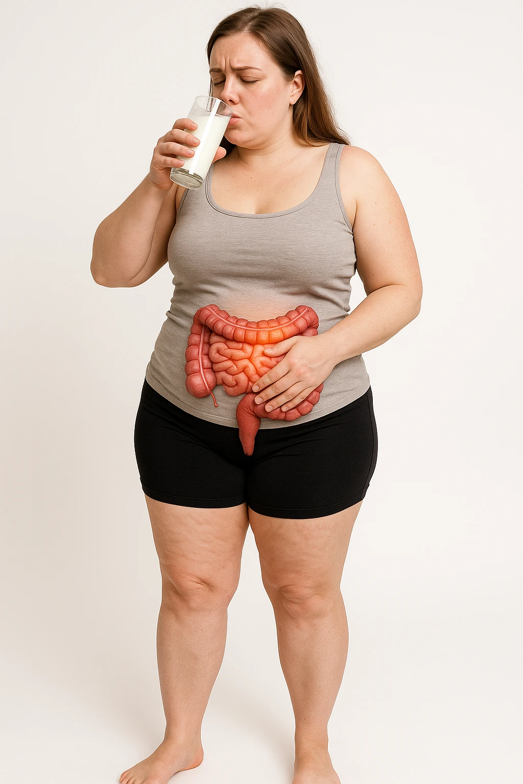 donna a figura intera in piedi con intestino infiammato con cellulite mentre beve kefir, realistica 4k sfondo bianco emoji