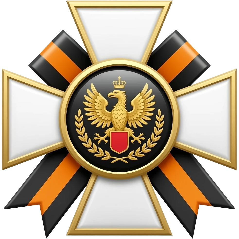 Imperial medal icon, white enamel cross with gold edges, black center with golden double-headed eagle and small red shield, gold laurel leaves behind, black and orange striped ribbon, centered, symmetrical, high contrast, simplified for small size, transparent background, no extra elements emoji