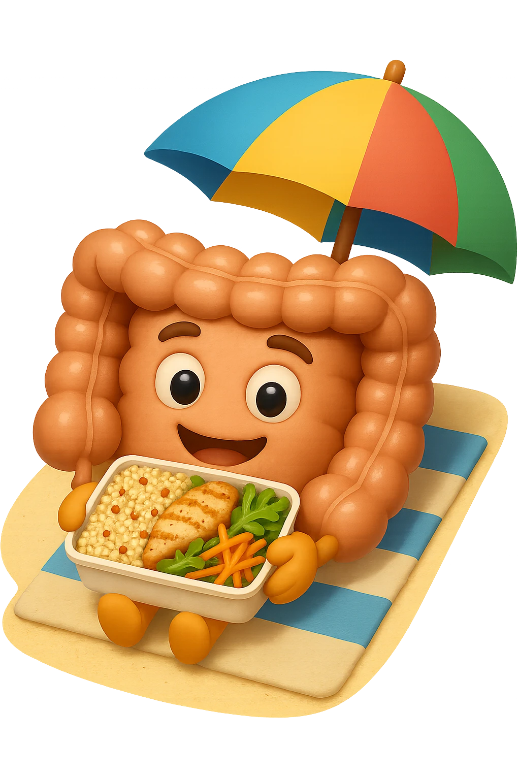 EMOJI STILE IPHONE DI INTESTINO IN SPIAGGIA SU UNA SPIAGGINA SOTTO L'OMBRELLONE CON IN MANO UNA SCHISCETTA DI Insalata di quinoa e pollo con rucola e carote, iperrealistica 4k emoji