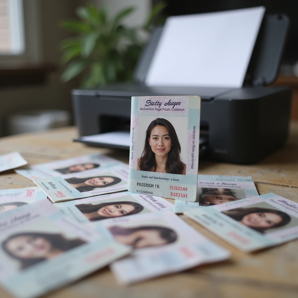 realistic thumbnail for a passport size photo printing service, with a printer and numerous printed passport photos, one photo is enlarged and stands out in the foreground emoji