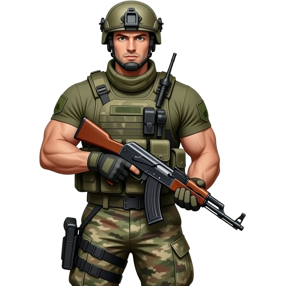 Super buff guy in army uniform holding a AK 47 B in a battle emoji