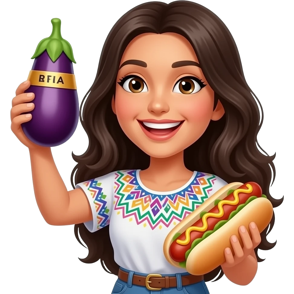 Mexican American woman celebrating a win with an eggplant hot dog emoji