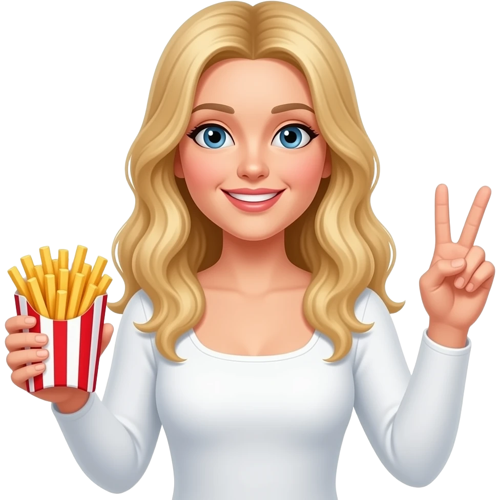 Blonde lady crimped straight hair middle part long holding french fries in a stripped red and white holder throwing up peace with innocent smile in a long sleeve white top with a square neck emoji