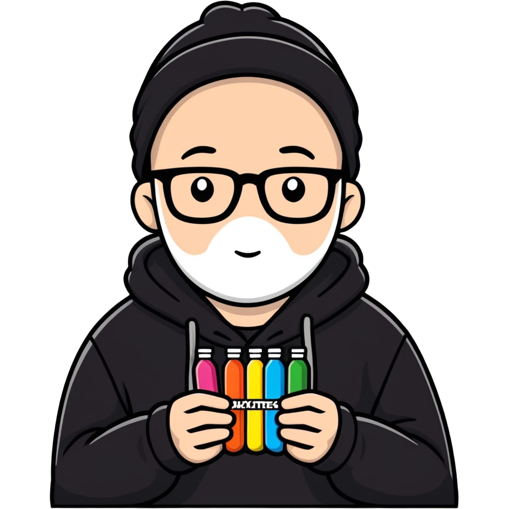 bald white guy with glasses, wearing a black beanie, black hoodie, skittles emoji