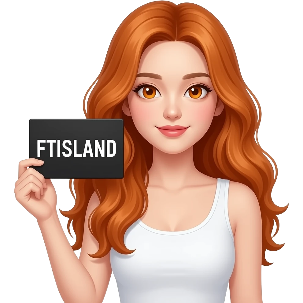 sexy girl with long wavy ginger hair and ginger eyes wearing a white tanktop is holding a black colored sign with FTISLAND written on it emoji