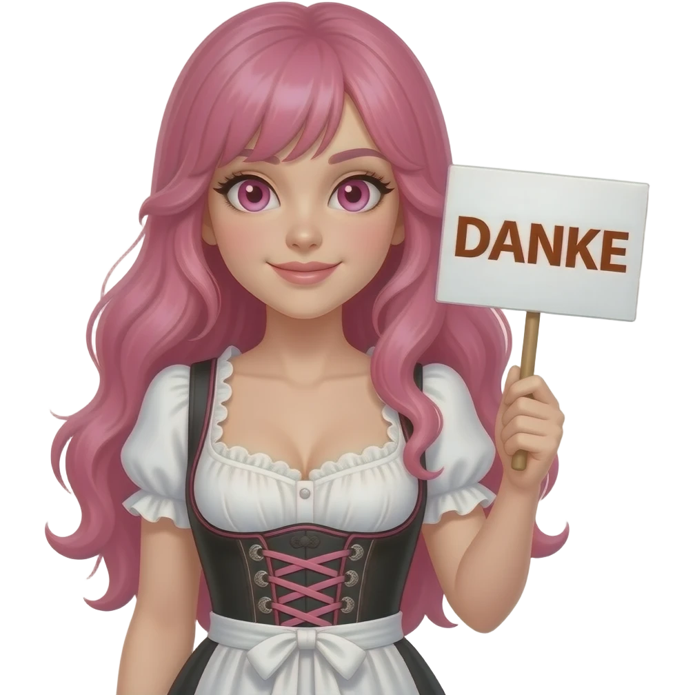 sexy girl with long pink hair and pink eyes wearing a dirndl holding a DANKE sign emoji