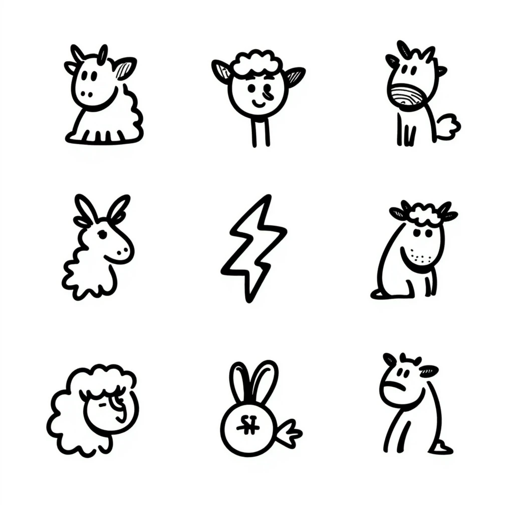 zodiac sign icons, hand-drawn doodle style, black ink lines, simple and clear emoji