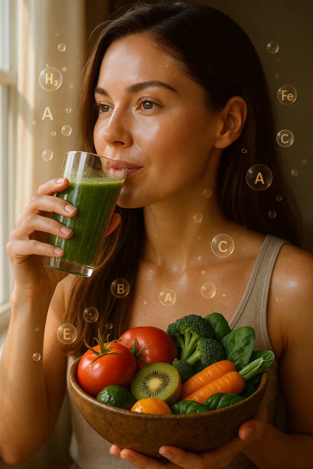 A highly realistic, cinematic portrait of a young woman in her late 20s with glowing, clear, healthy skin and a vibrant scalp with strong, shiny hair, symbolizing internal health reflecting outward. She has a calm, confident expression while sitting by a window with warm daylight softly illuminating her face, highlighting smooth, hydrated skin with a natural glow. Her hair appears clean, full, and strong, indicating a healthy scalp and balanced sebum production. She is drinking a glass of green smoothie rich in antioxidants and holding a bowl of colorful fruits and vegetables, symbolizing how internal nutrition supports skin and scalp health. Subtle, softly glowing overlays of molecular symbols for vitamins, minerals, and hydration molecules gently swirl around her, visually representing the concept of beauty and skin health from the inside out. Style: 35mm hyperrealistic film look, warm tones, soft depth of field, focusing on clear skin texture, healthy scalp, and vibrant hair to inspire holistic wellness emoji