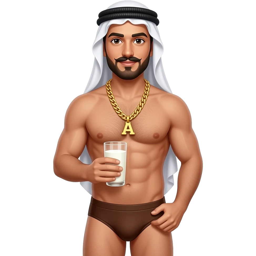 Sexy Arab man brown thong gold chain with the letter A with a milk mustache holding a glass of milk emoji