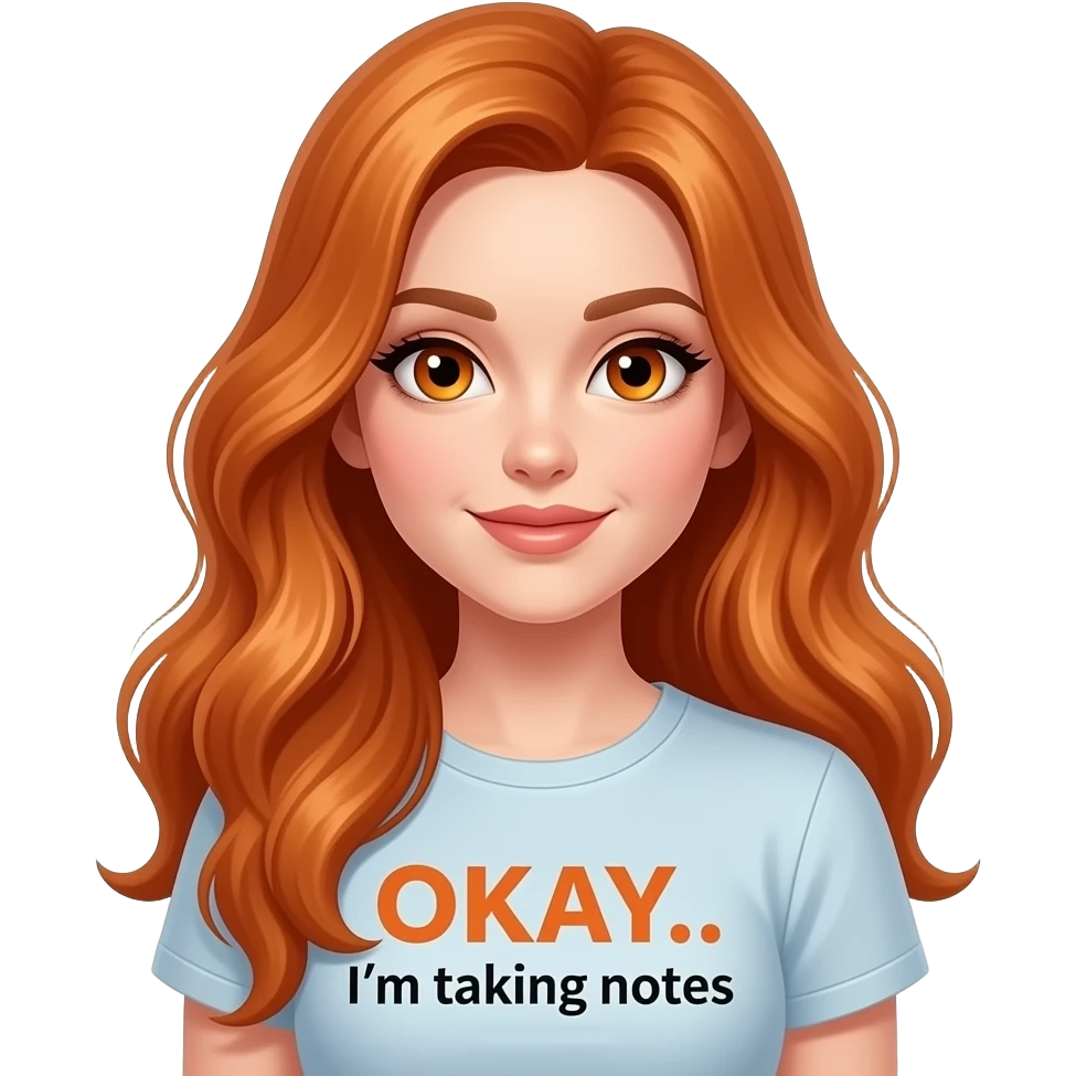 sexy girl with overlong ginger hair and ginger eyes a top with OKAY... I'm taking notes written on it emoji