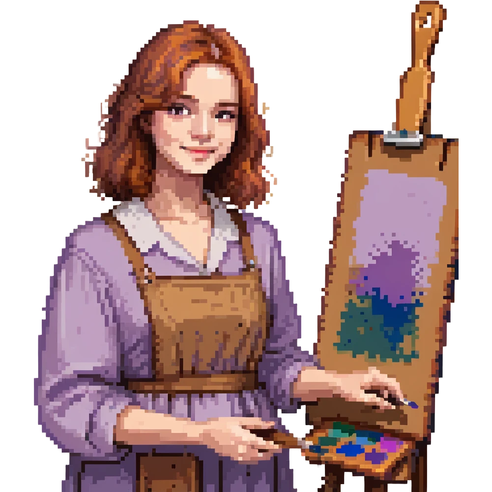 Serene female oil painter, Caucasian features, shoulder-length auburn hair, soft brown eyes, gentle smile, wearing a violet painter’s smock lightly stained with paint over a beige blouse, holding a wooden palette with vibrant colors in one hand and a brush in the other, waist-up, front-facing emoji