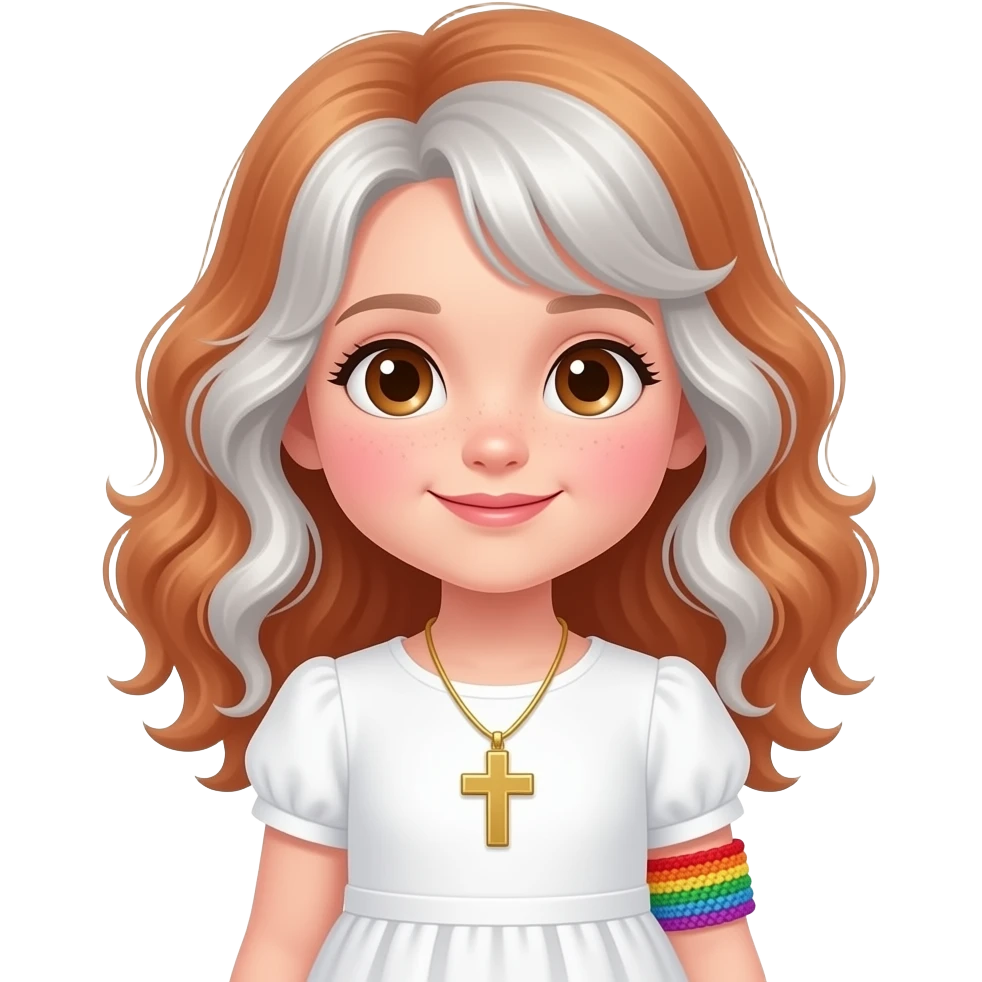 little girl with pale skin, pink cheeks, waist length curly, red-sih blond hair, big brown eyes, dimples, white dress, golden locket with a cross on it, and a rainbow crocheted bracelet on her wrist. emoji