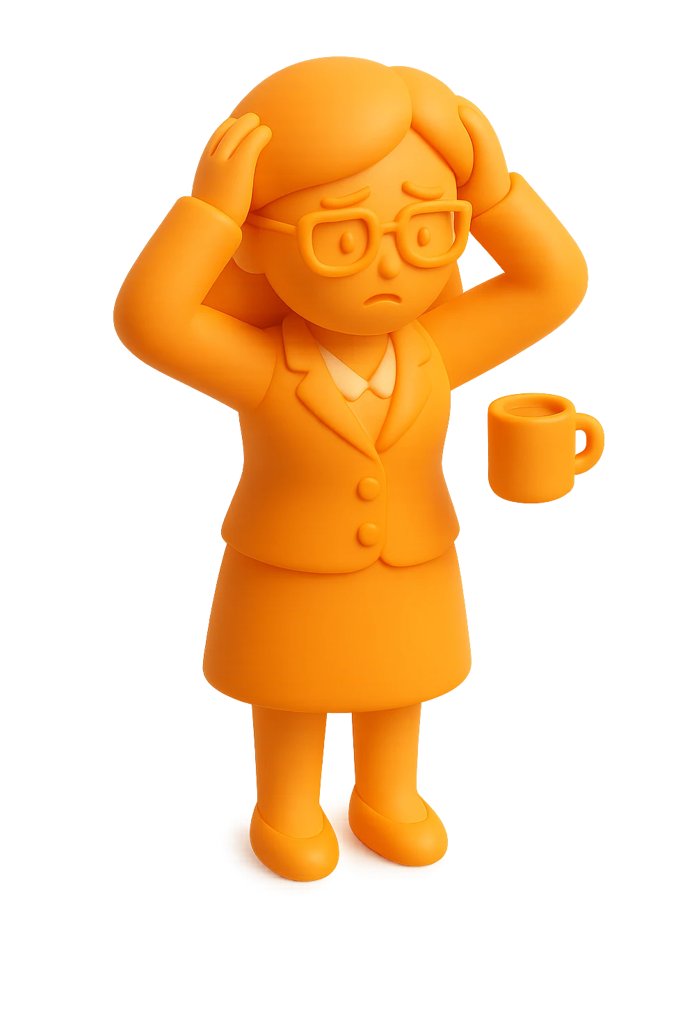 3D orange style female office worker with hands on her head, looking overwhelmed, holding a coffee cup emoji