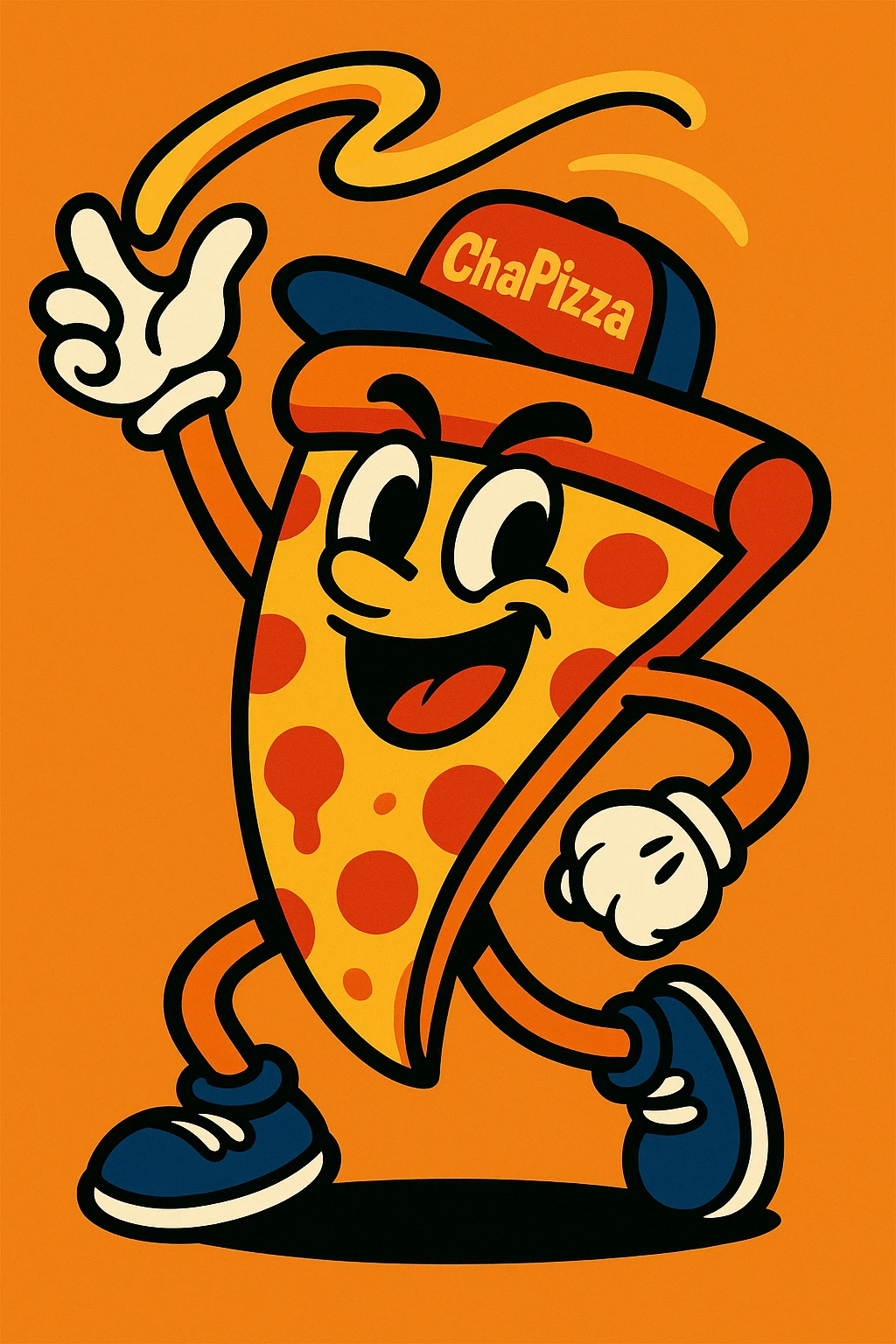 dynamic pizza slice mascot tossing cheese, with 'ChaPizza' on its hat, vibrant energetic style emoji