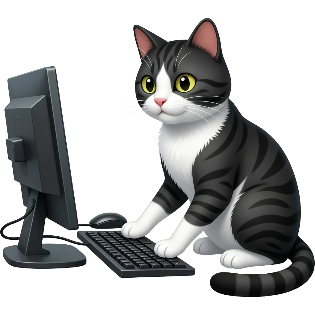 Кот сидит за монитором и бьет по клавиатуре черно-белое emoji