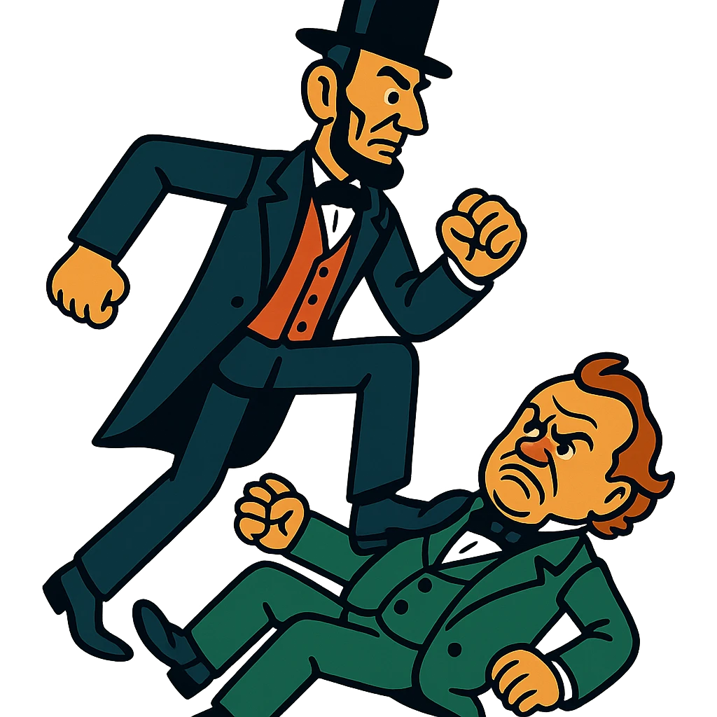 Abraham Lincoln stepping on Stephen Douglas in a historical cartoon style emoji