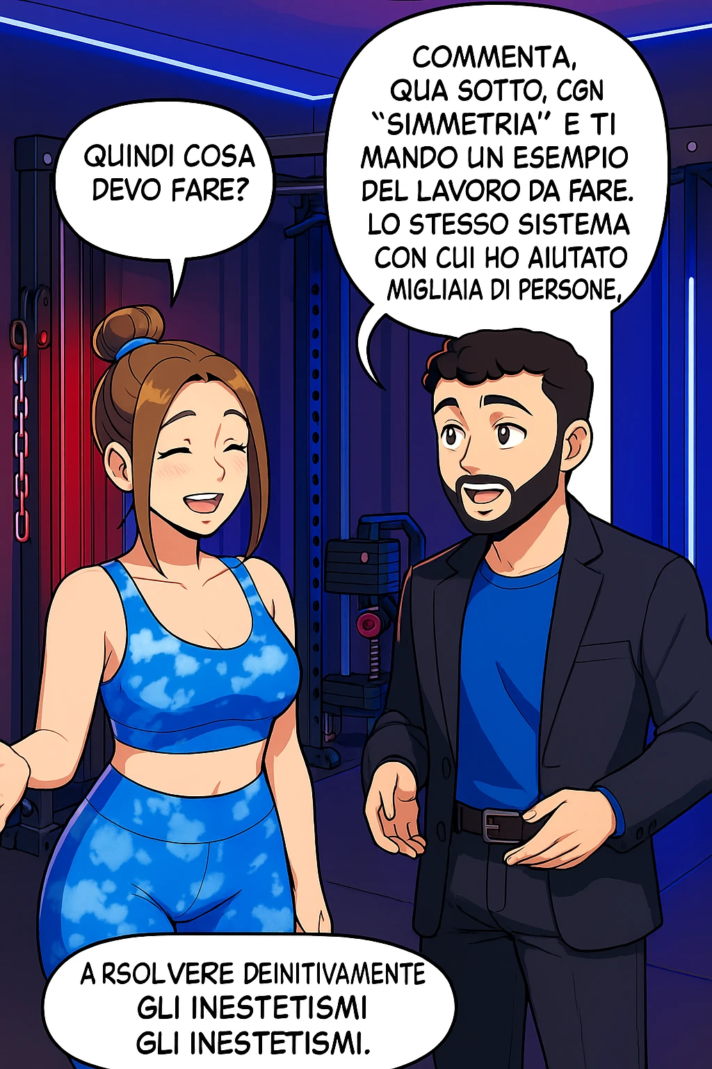 TRASFORMA QUESTO CAROSELLO IN UN FUMETTO STILE WEBTOON/MANGA A COLORI CON QUESTE DUE PERSONE IDENTICHE CHE INTERLOQUISCONO TRA LORO, LA DONNA SEMBRA SOLLEVATA/SODDISFATTA E CONTENTA:

LEI (DONNA): Quindi cosa devo fare?
LUI (UOMO): Commenta, qua sotto, con “simmetria” e ti mando un esempio del lavoro da fare. Lo stesso sistema con cui ho aiutato migliaia di persone, fra cui centinaia di donne a risolvere definitivamente gli inestetismi. emoji