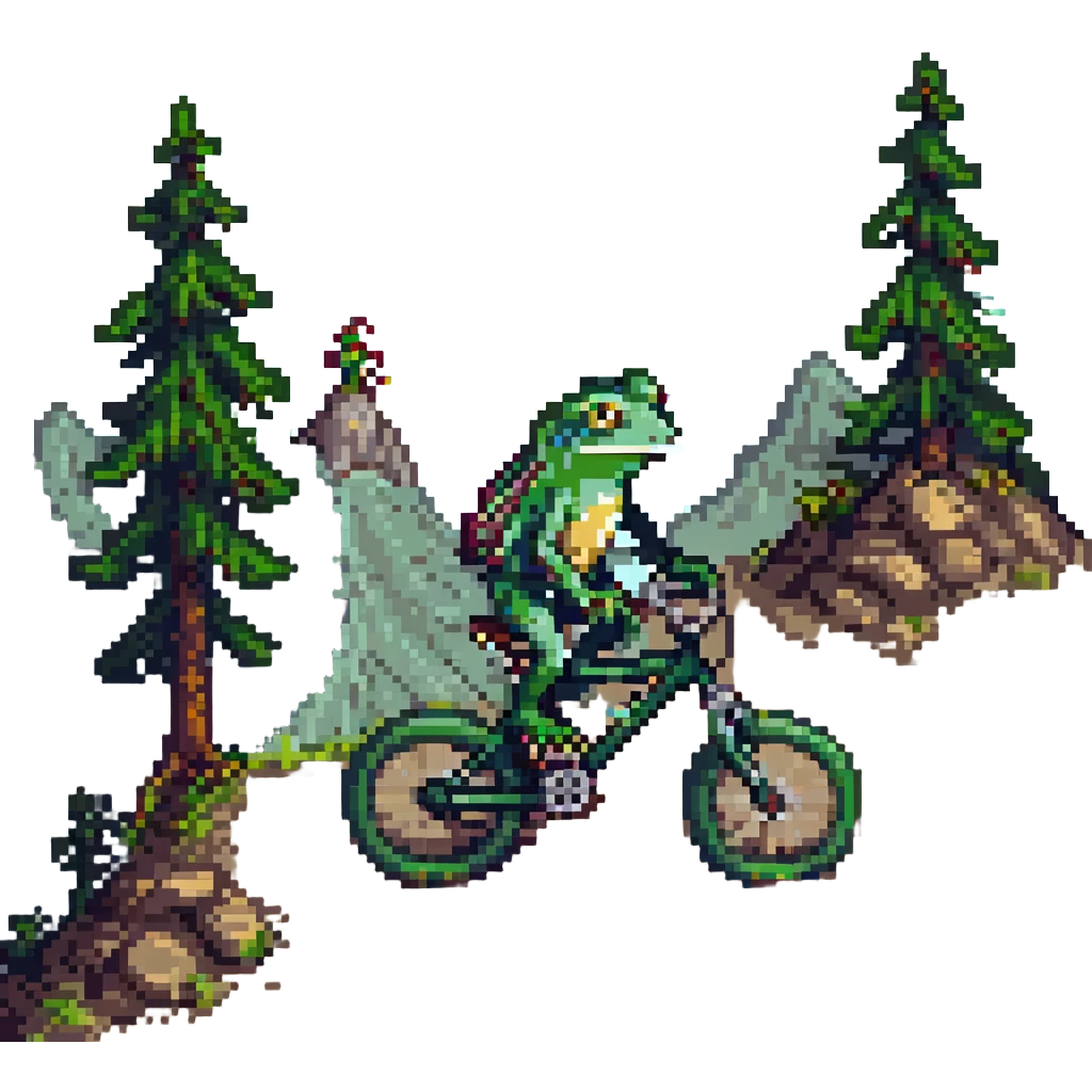 Add a helmet to the frog riding a full suspension mountain bike, keep the pixel art style, with no background. emoji