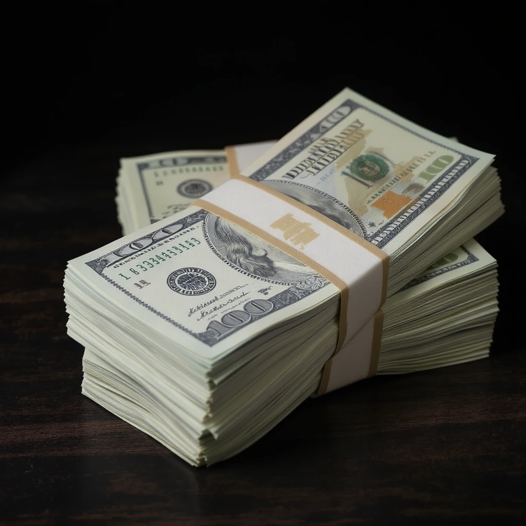 two bundles of money, realistic style, green bills with paper bands, stacked together emoji
