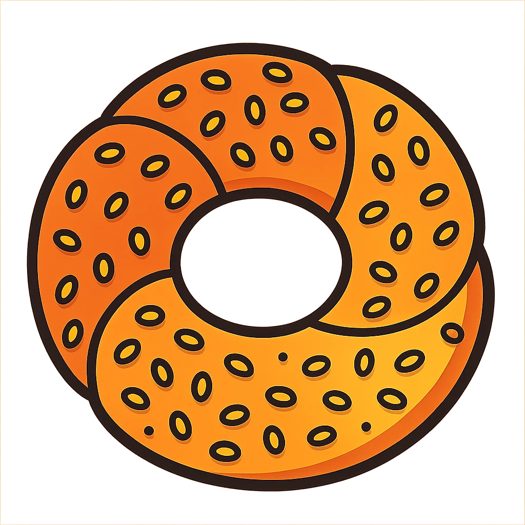 a simit, Turkish sesame bagel, playful cartoon style, exaggerated roundness, lots of sesame seeds emoji