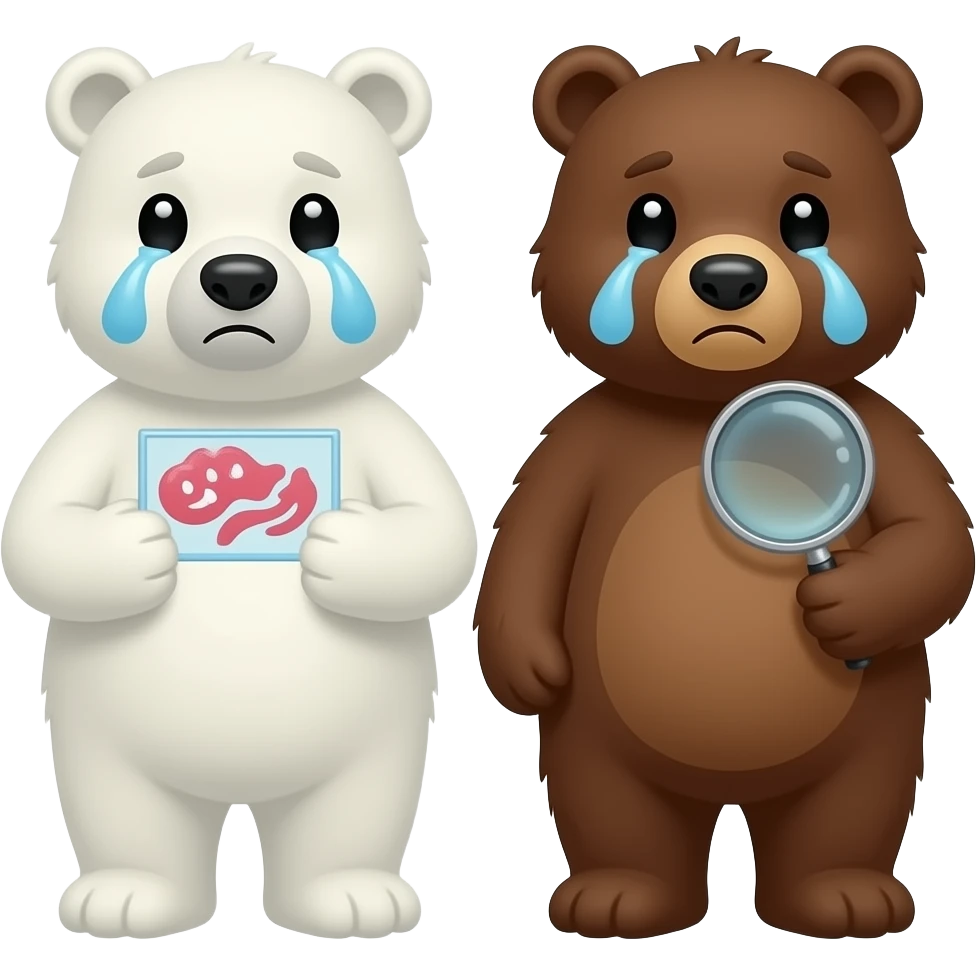 one polar bear and one grizzy crying while one is holding pathology slide and one is magnifying glass the pathology header size emoji