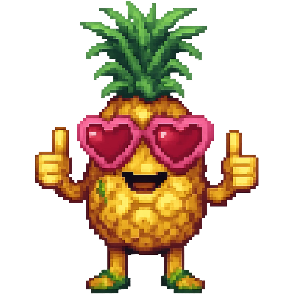 Edit the pineapple emoji in pixel art style to have heart-shaped sunglasses, keep it smiling and giving a thumbs up, no background. emoji