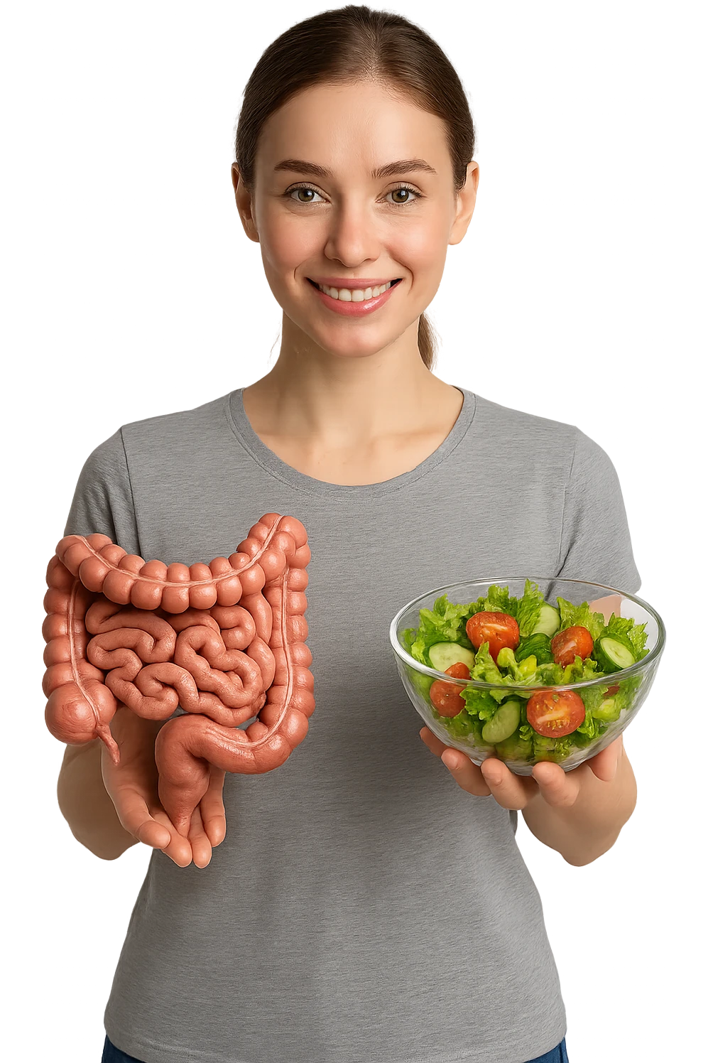 DONNA CON INTESTINO UMANO ANATOMICO CON INSALATA IN MANO, iperrealistico 4k, SFONDO BIANCO emoji