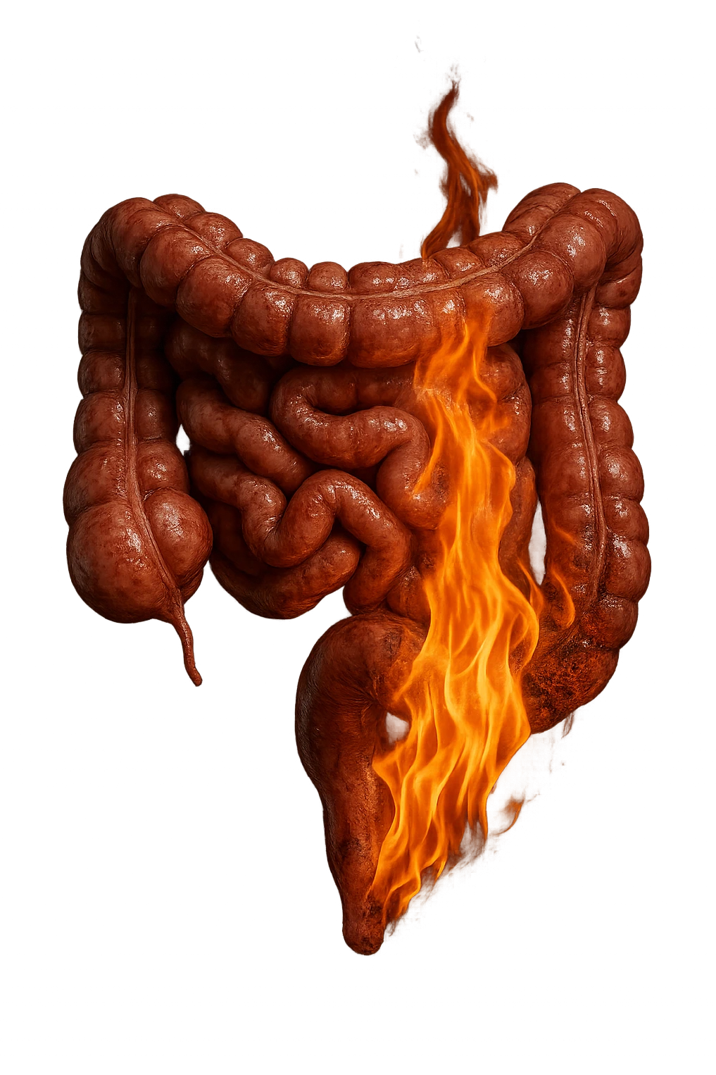 intestino umano anatomico realistico con fiamma, iperrealistico, non disegnato emoji