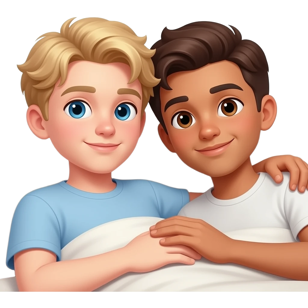 Make a young gay couple on a Date , one has light Skin with Blond Hair and Blue Eyes, the other one has slightly brown skin witz dark Brown Hair and Brown Eyes. They are laying romantic on a couch. emoji